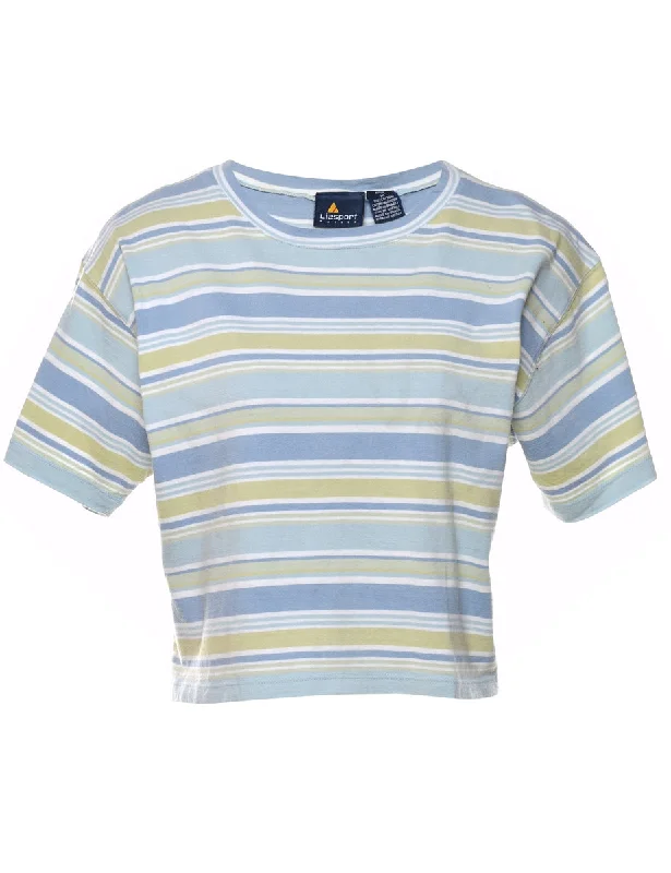 Classic And Versatile Striped Light Blue & Light Green T-Shirt - M