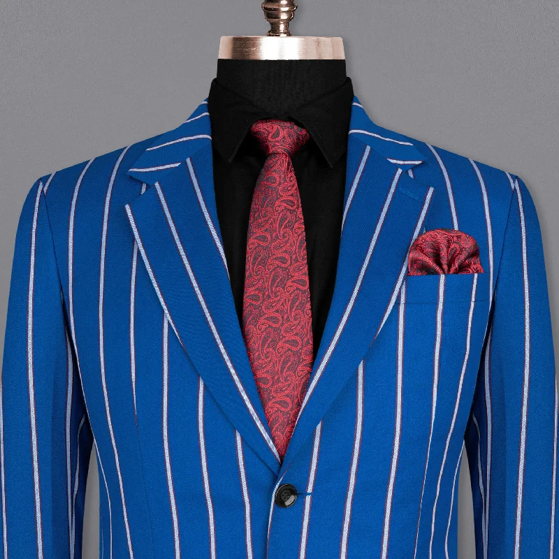High Street Style Cerulean Blue Striped Woolrich Blazer