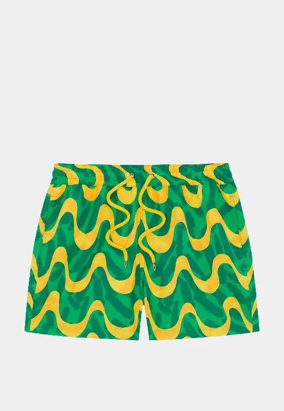 Retro Lace Fabric Frescobol Rio JB Printed Swim Short - Booth Green & Booth Yellow