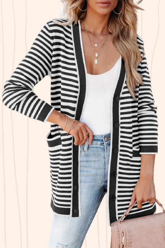 Black Striped Pocketed Button Long Cardigan