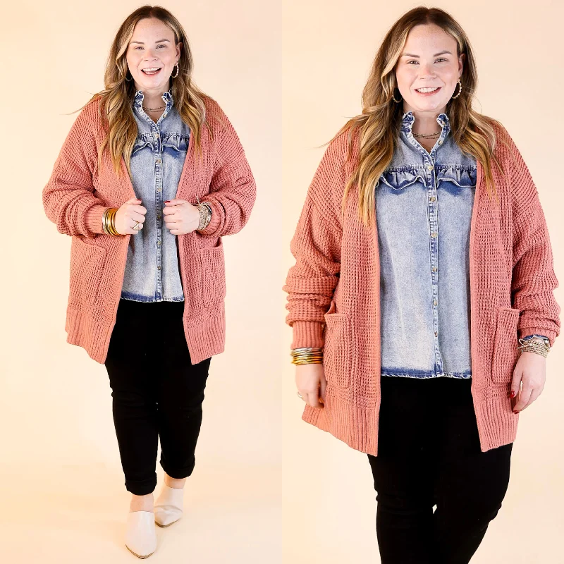 Urban Design Sense Cozy Layers Waffle Knit Cardigan in Dusty Rose Pink