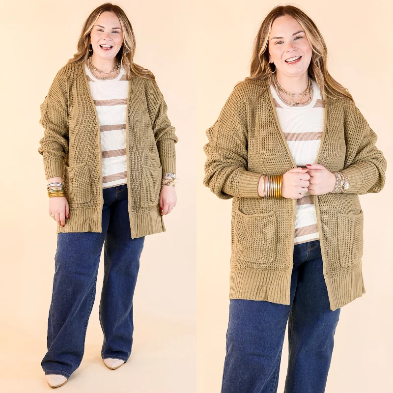 Free Design Cozy Layers Waffle Knit Cardigan in Khaki Tan