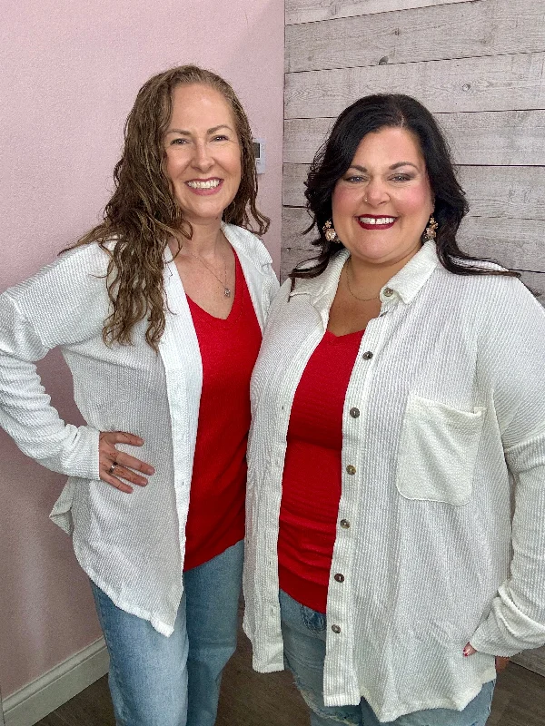 Sports Style "Dear Diary" White Ribbed Button-Down Top