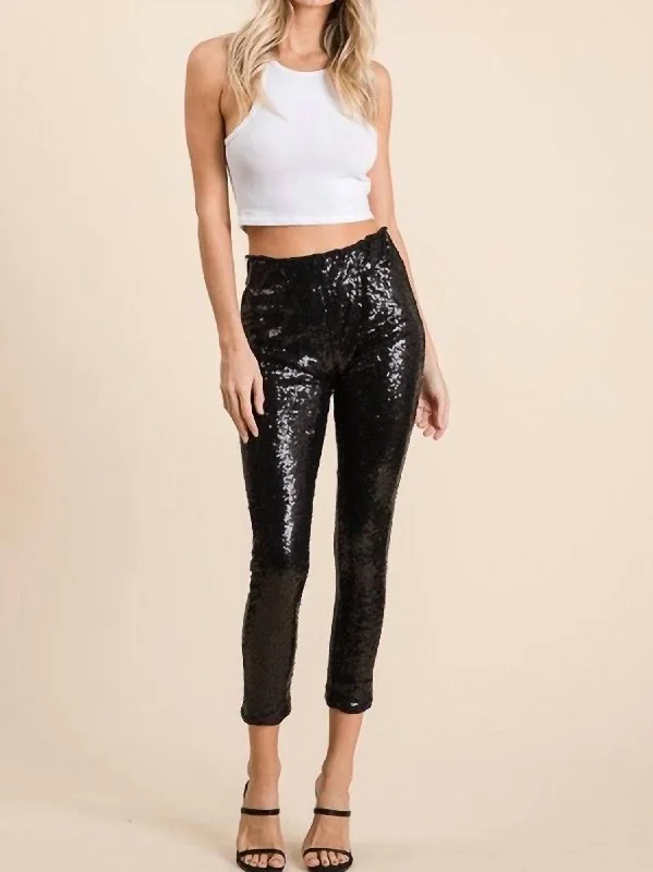 Elastic Waist Sequin Leggings In Black