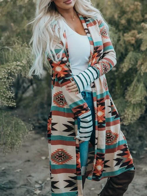 Versatile Style Geometric Open Front Long Sleeve Cardigan