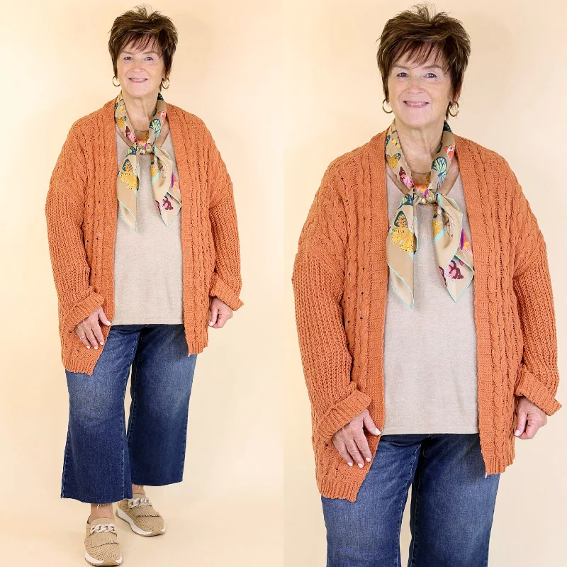 Casual Chic On My Level Chenille Cable Knit Open Front Cardigan in Canyon Clay Orange