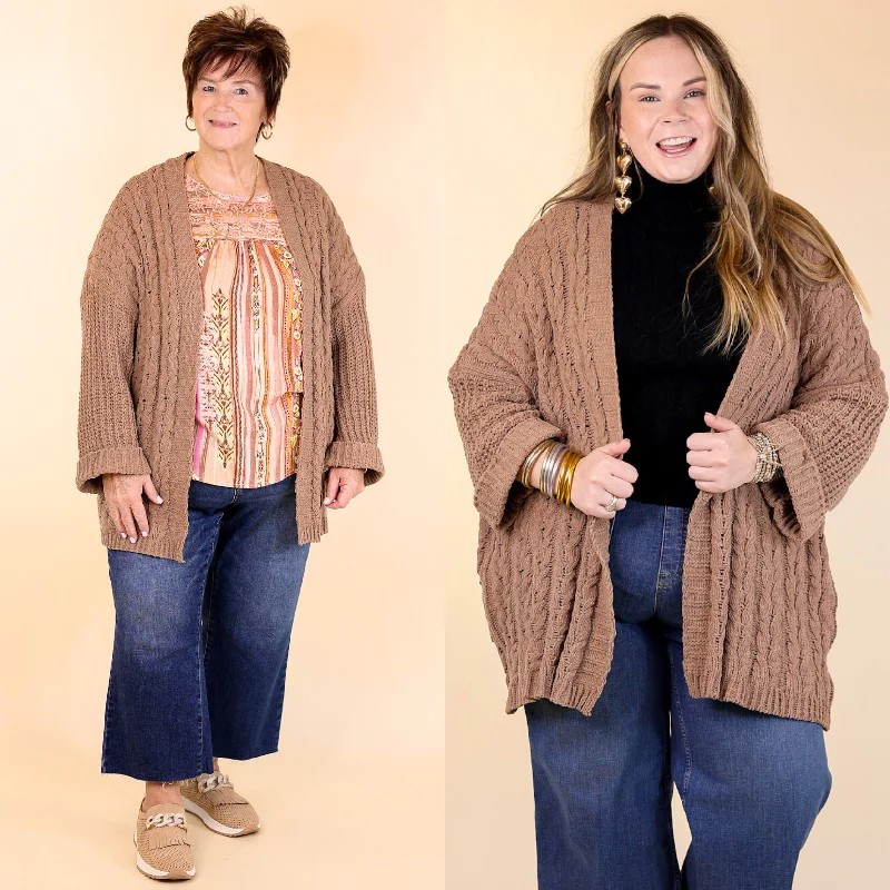 Fashionable Ease On My Level Chenille Cable Knit Open Front Cardigan in Cappuccino Brown