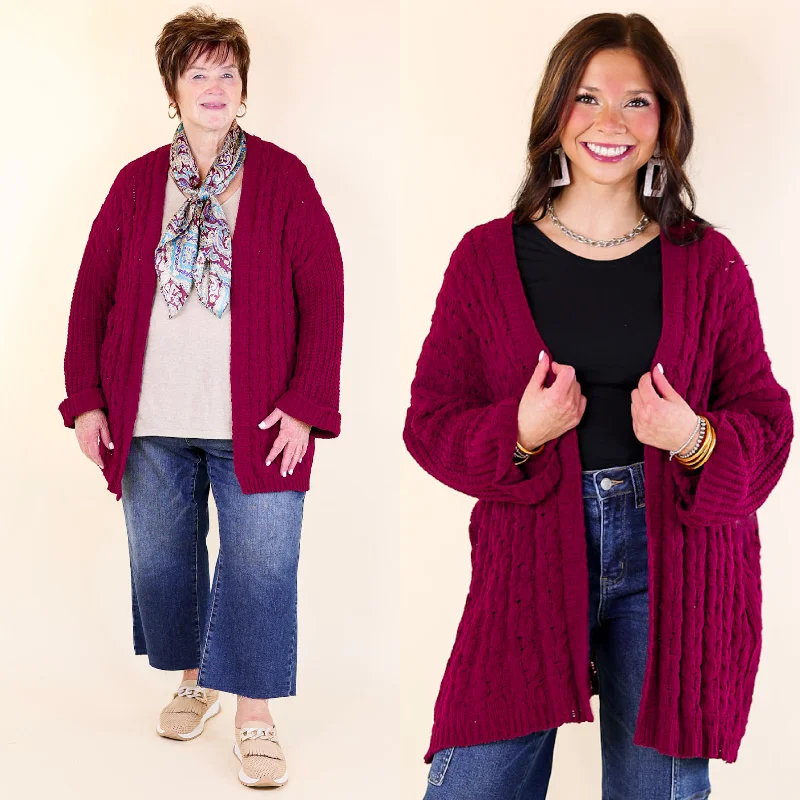 Casual Wear On My Level Chenille Cable Knit Open Front Cardigan in Maroon