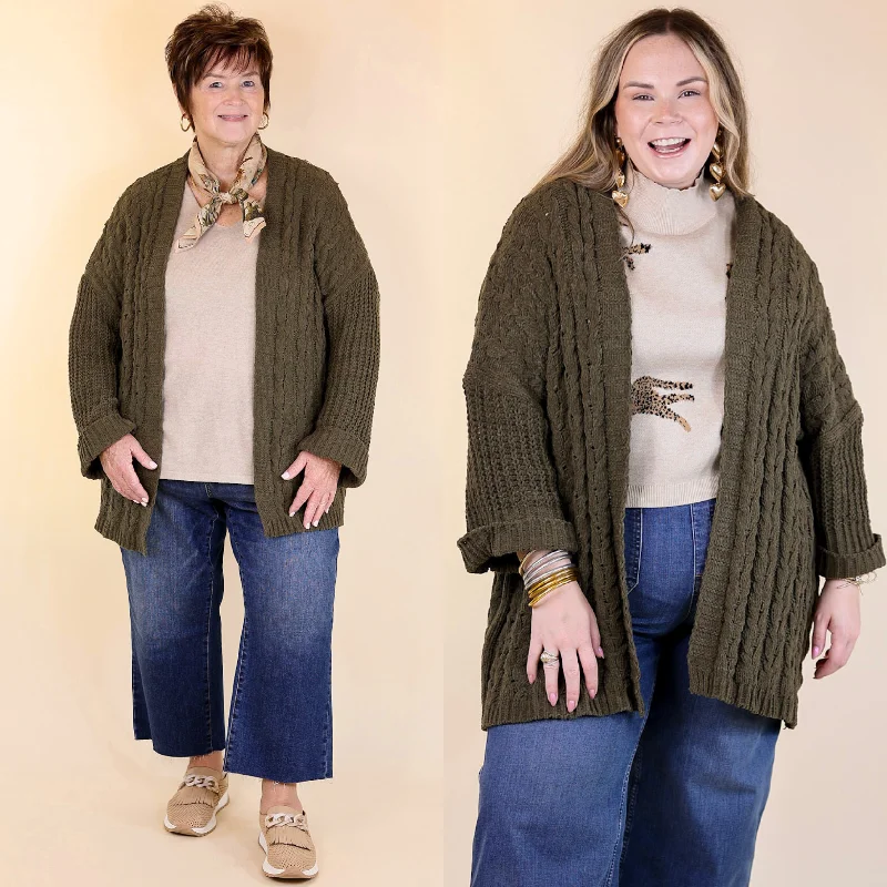 Breezy Style On My Level Chenille Cable Knit Open Front Cardigan in Olive Green