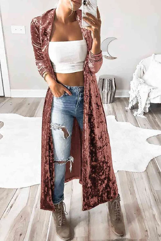 Easy Style Open Front Long Sleeve Longline Velvet Cardigan