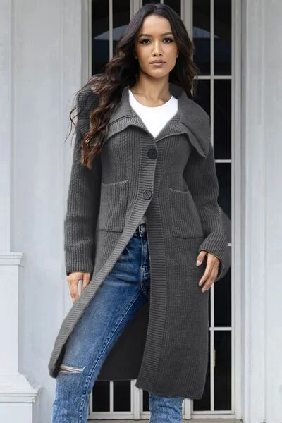 Comfy Pants Pocketed Button Up Collared Neck Cardigan
