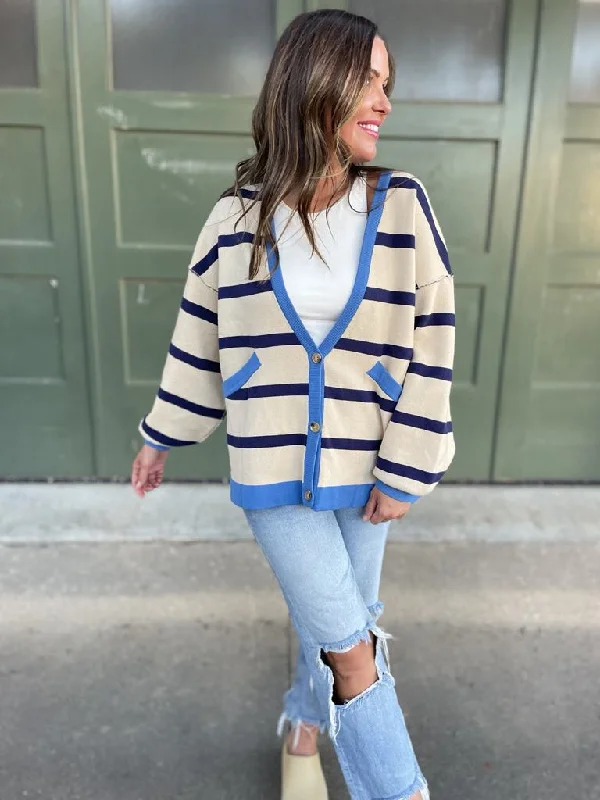 Cozy Pants PREORDER: Contrast Trim Cardigan in Navy Stripe
