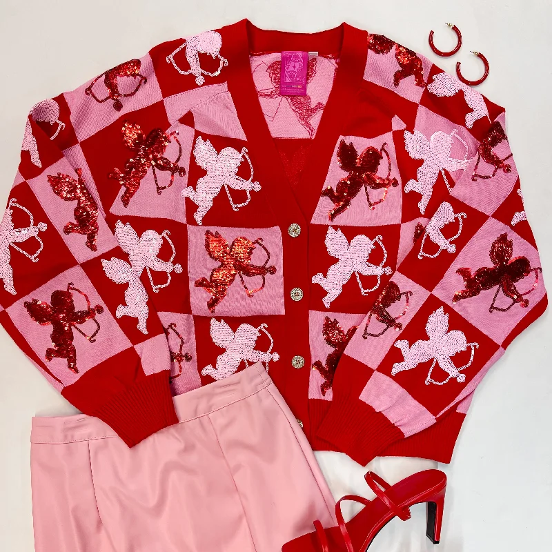 Relaxed Dresses Queen Of Sparkles | Love Struck Fully Sequin Checkered Cardigan in Red and Pink