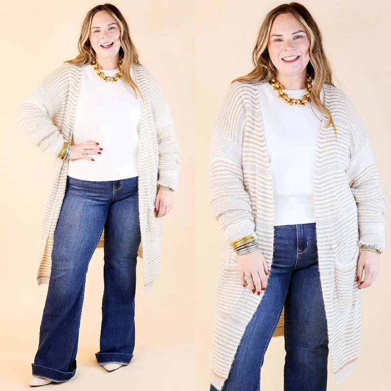 Upstate Chill Striped Knit Cardigan with Pockets in Beige