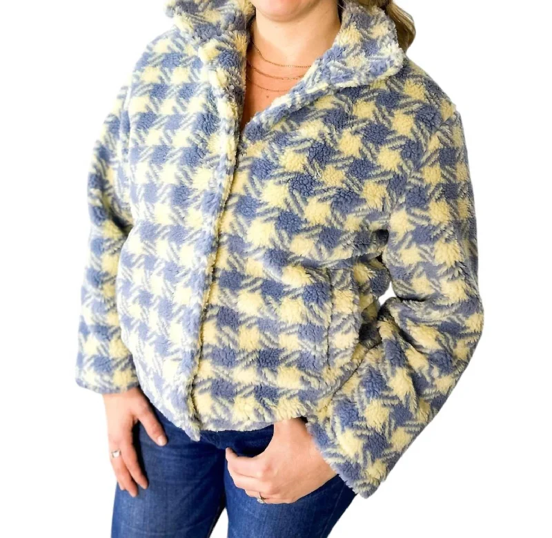 Plaid Sherpa Fleece Button Down Jacket In Blue/cream