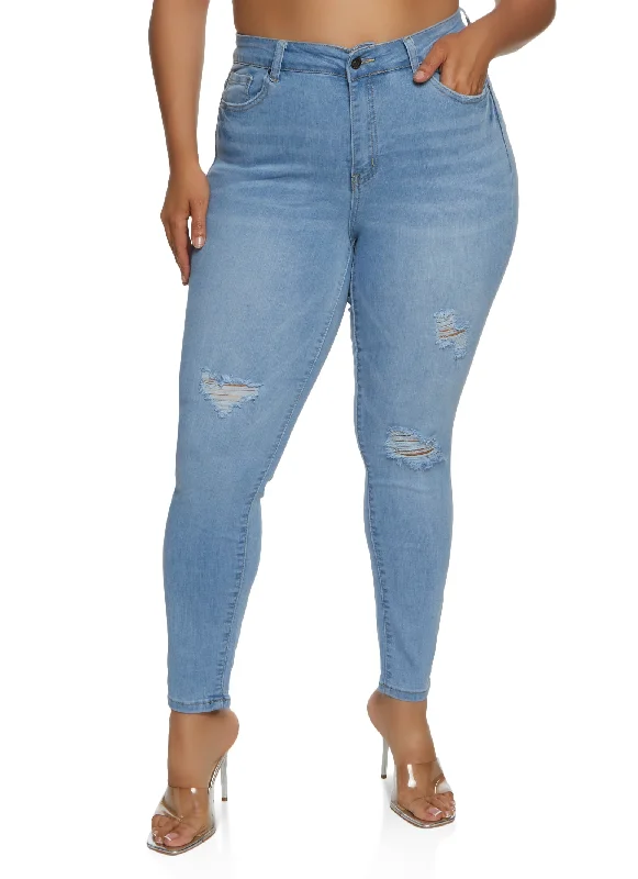 Plus Size WAX Distressed Whiskered High Waisted Skinny Jeans