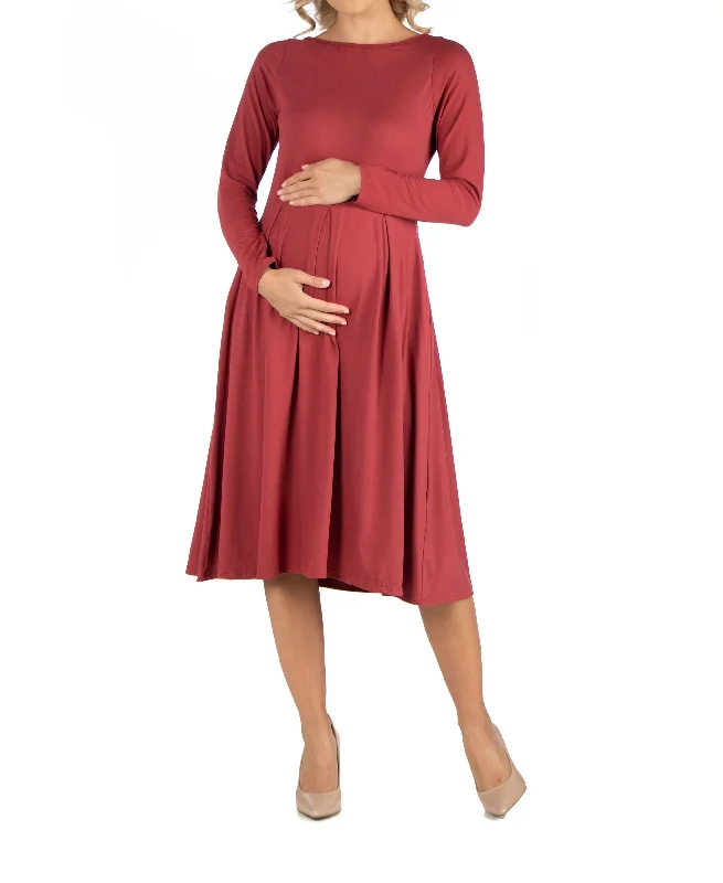 24seven Comfort Apparel Midi Length Fit Flare Pocket Maternity Dress