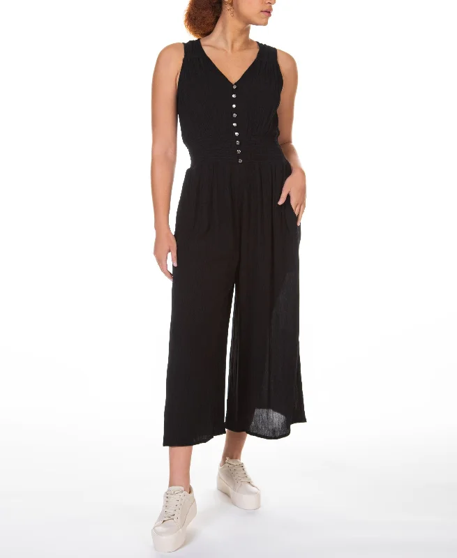 Black Tape Smocked-Waist Culotte Jumpsuit