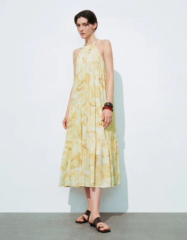 Tropical Style Halter Neck Sleeveless Printed Straight Dress