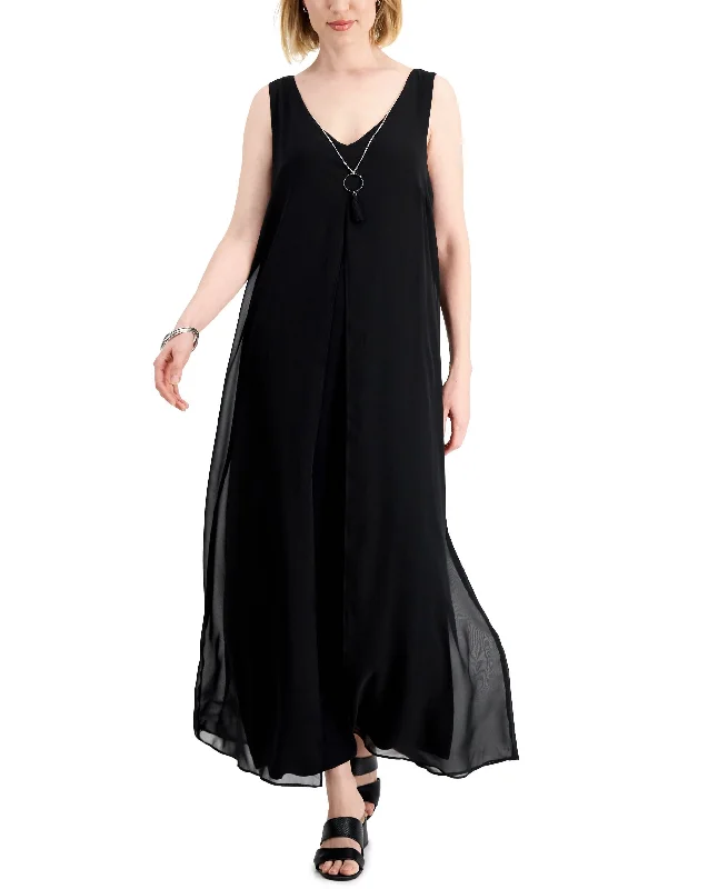 JM Collection Womens Chiffon Overlay Sleeveless Dress