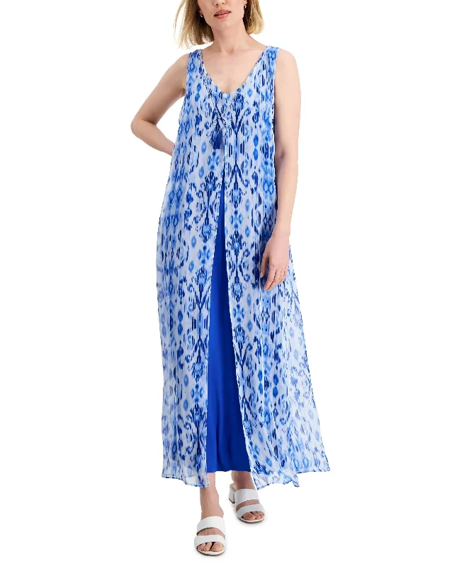 JM Collection Womens Printed Chiffon Overlay Maxi Dress