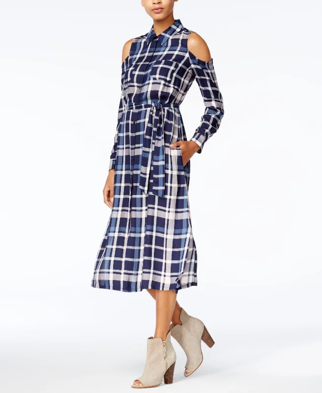 Maison Jules Cold Shoulder Plaid Midi Dress