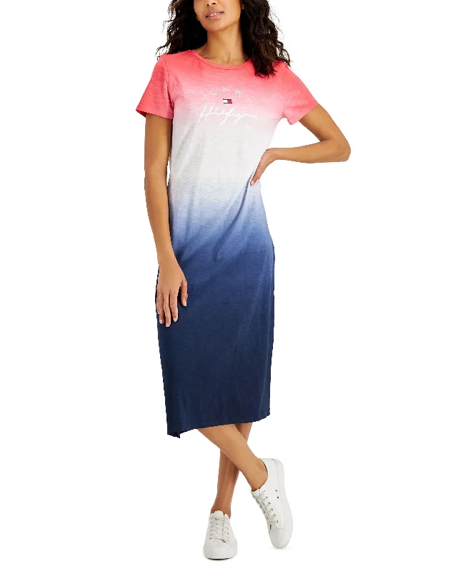 Tommy Hilfiger Womens Cotton Dip Dyed Midi T-Shirt Dress