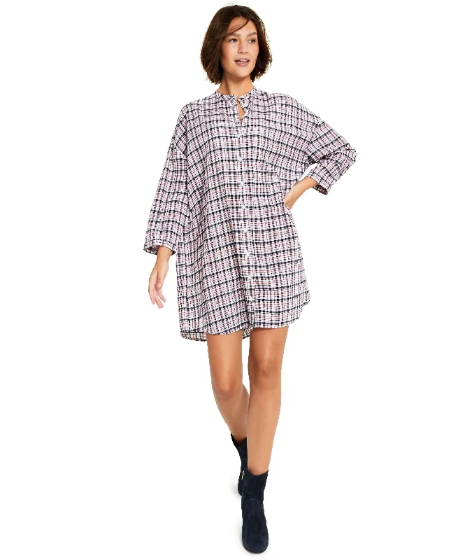 Tommy Jeans Womens Plaid Button Up Shirt Dress