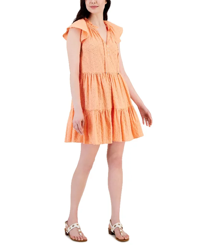 Women's Cotton Flutter-Sleeve Tiered Dress