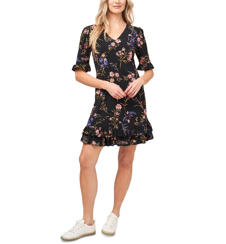 Women's Floral-Print Ruffled Short Sleeve V-Neck Dress