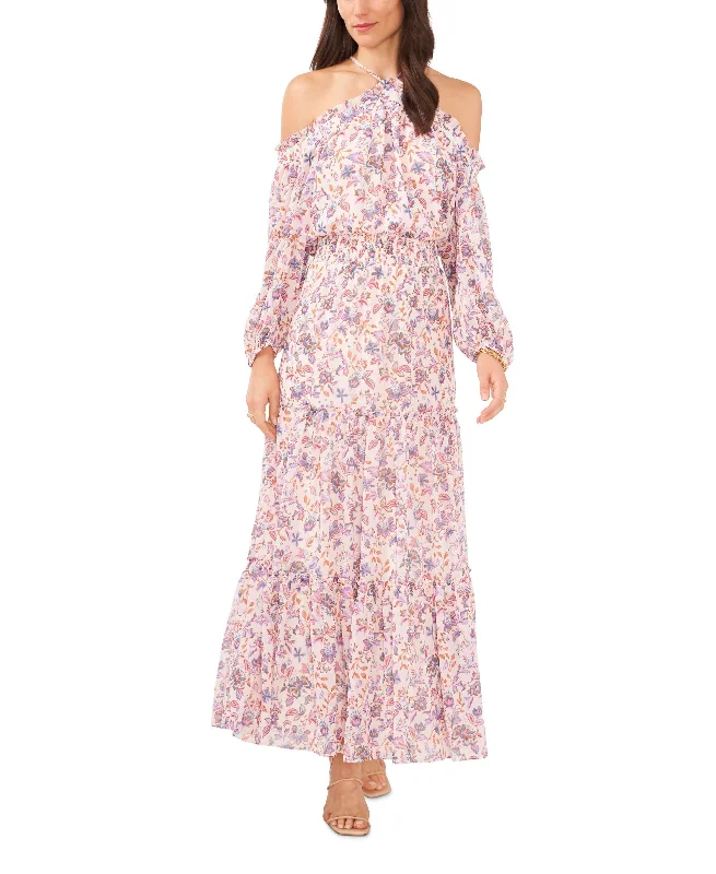 Women's Smocked Waist Long Sleeve Halter Maxi Dress