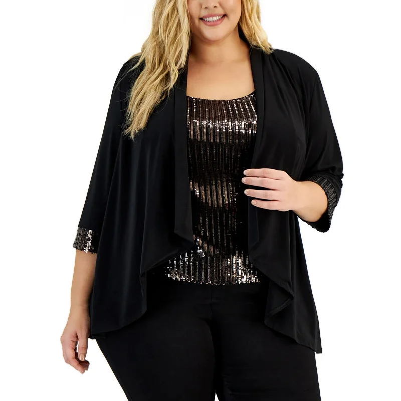 Alex Evenings Womens Plus Knit Sequined Duster Blazer