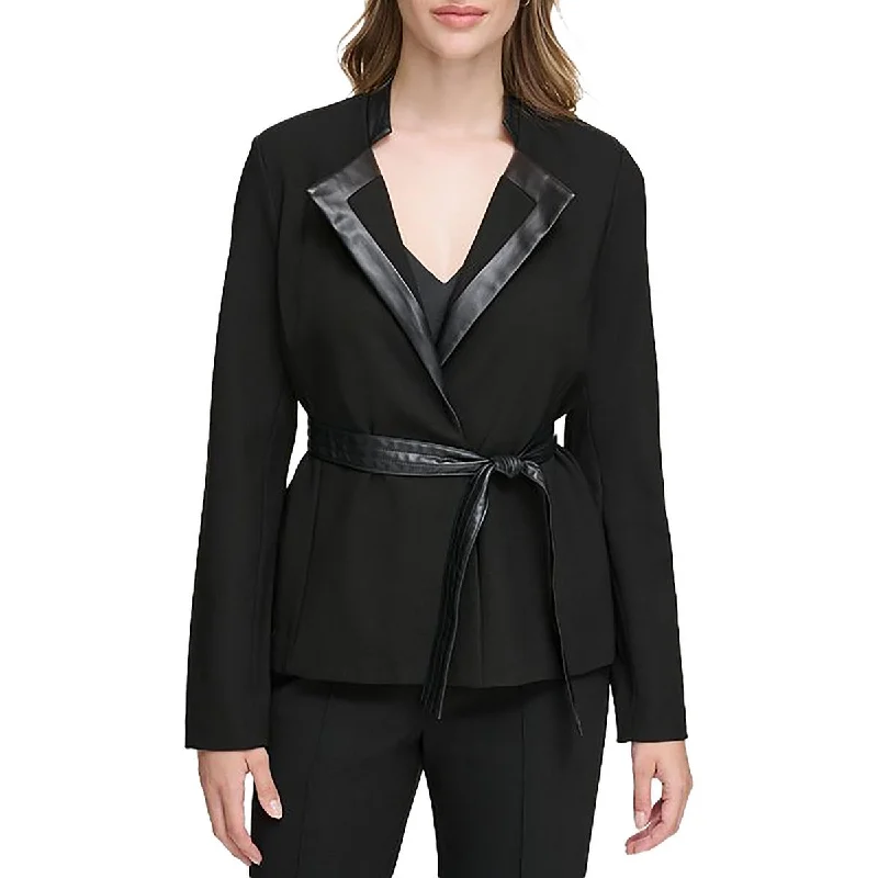 Calvin Klein Womens Knit Faux Leather Trim Open-Front Blazer