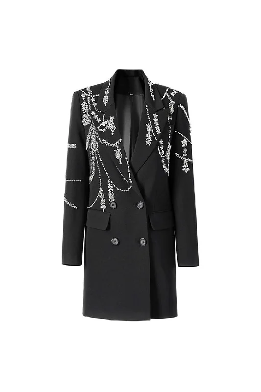 Luxury Crystal Lapel Shoulder Pad Long Sleeve Double Breasted Crepe Blazer