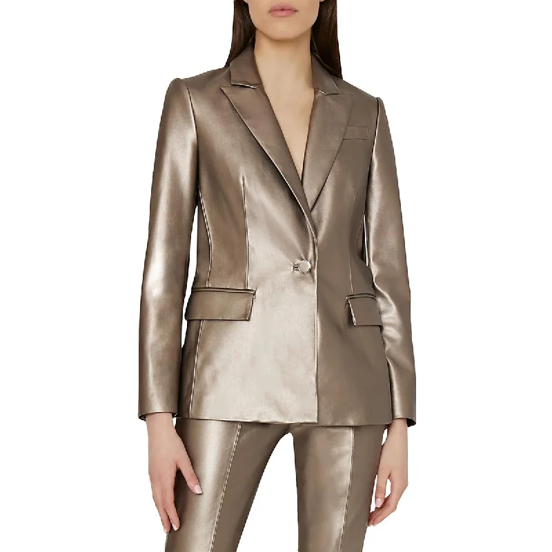 Milly Womens Alexa Faux Leather Metallic One-Button Blazer