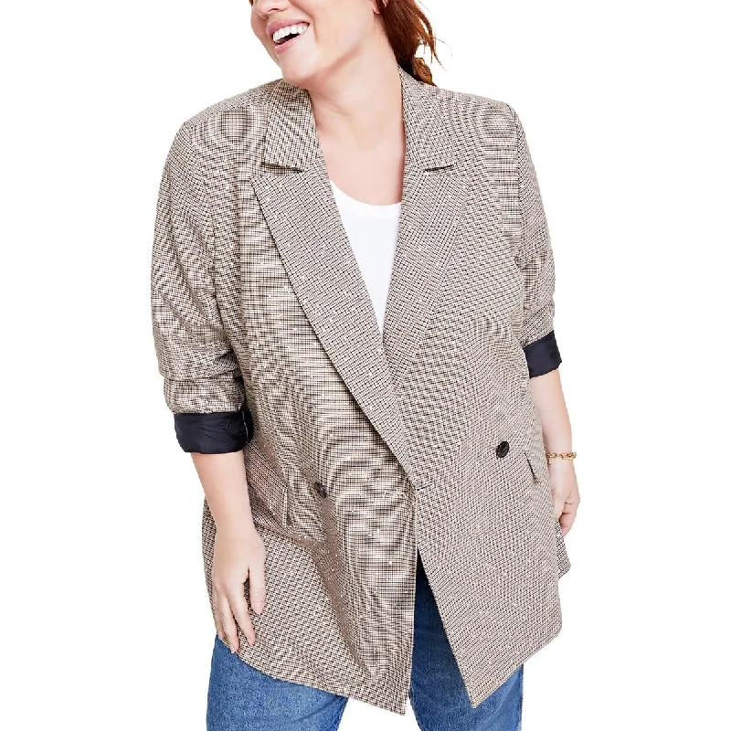 On 34th Womens Plus Sequined Plaid Double-Breasted Blazer