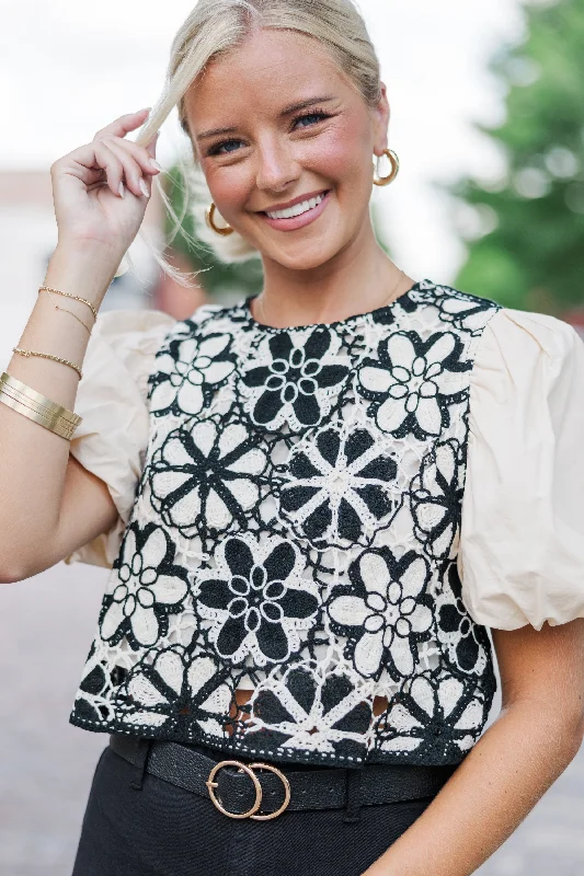 For The Moment Taupe Crochet Blouse