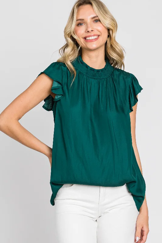 Fun and cute Forest Green Mock Neck Flutter Blouse