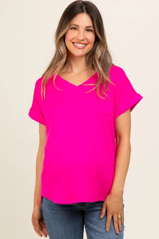 Noble Temperament Fuchsia V-Neck Pocket Short Sleeve Maternity Shirt
