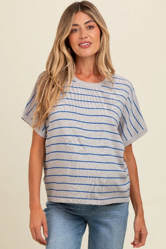 Grey Striped Boxy Short Sleeve Maternity Top