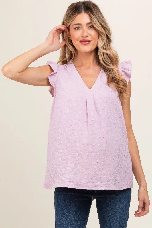 Lavender Swiss Dot Flutter Sleeve V-Neck Maternity Top