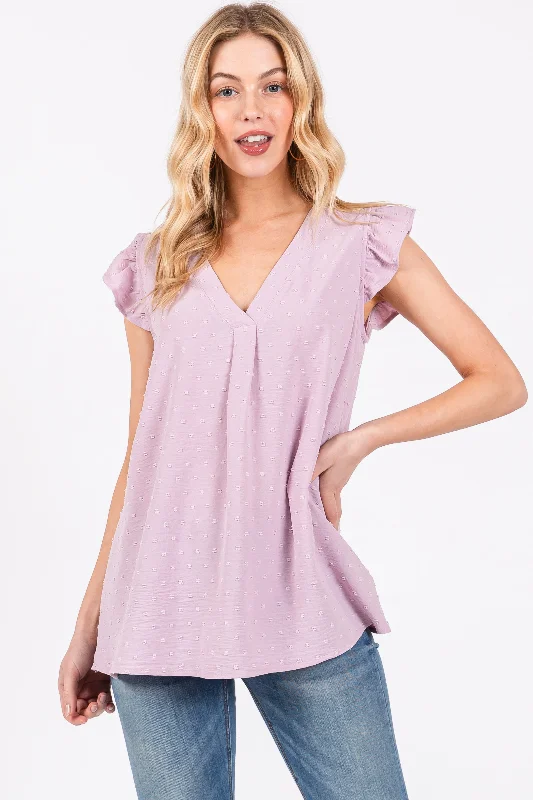 Lavender Swiss Dot Flutter Sleeve V-Neck Top