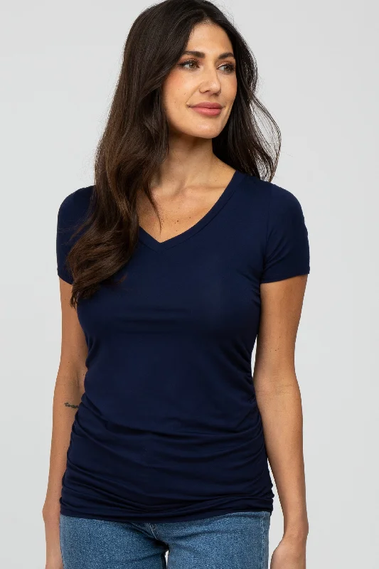 Navy Blue V-Neck Ruched Side Top