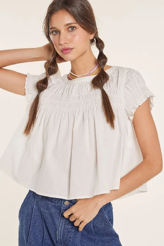 Off White Smocked Babydoll Ruffle Crop Top